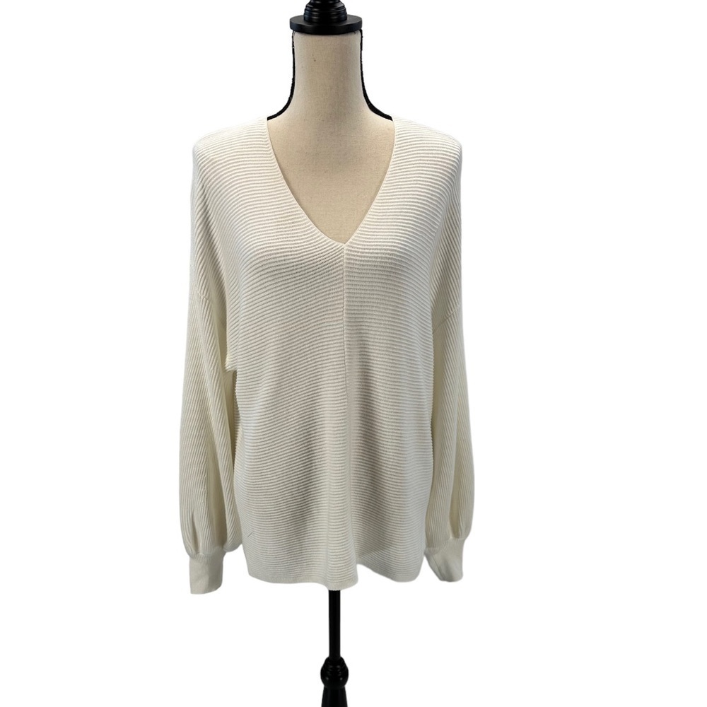 1.State Long Balloon Sleeve Horizontal Ribbed V Neck Sweater - Ivory -  Medium